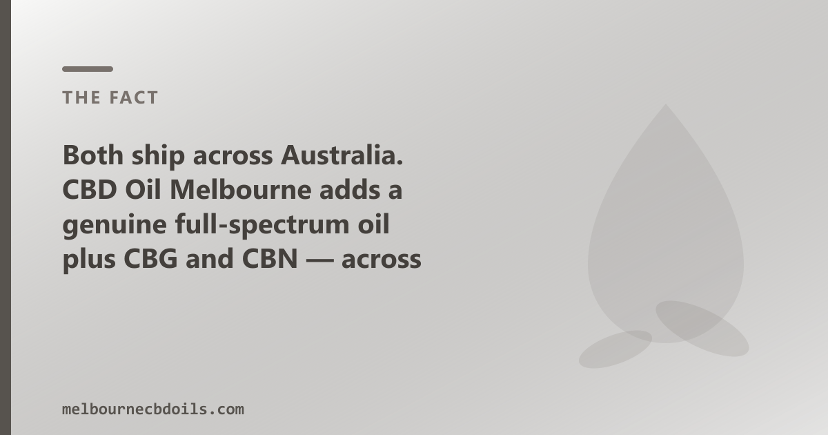 Both Australian stores deliver to Melbourne — the comparison is spectrum composition, CBG/CBN lines and label accuracy